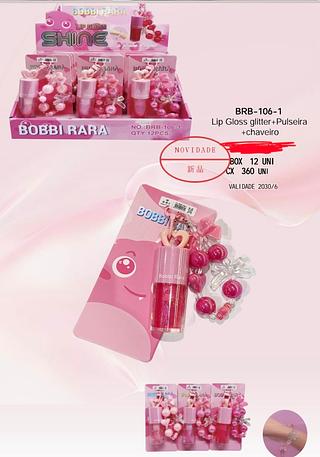 LIP GLOSS GLITTER +PULSEIRA +CHAVEIRO BOBBI RARA C/12PCS
