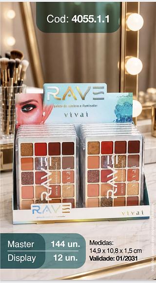 PALETA DE SOMBRAS E ILUMINADOR RAVE VIVAI C/12PCS