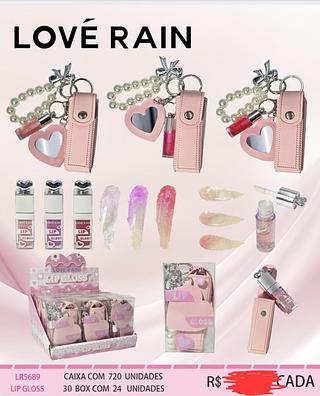 LIP GLOSS COM CHAVEIRO E ESPELHO LOVE RAIN C/12PCS