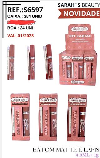 LAPIS LABIAL E BATOM LIQUIDO MATTE SARAHS BEAUTY C/24PCS